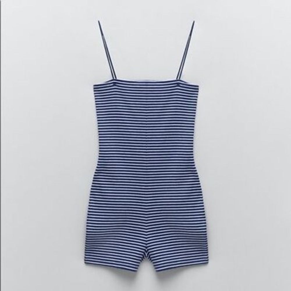 Zara Romper Womens Large Blue‎ Striped Ribbed Knit Spaghetti Strap Playsuit